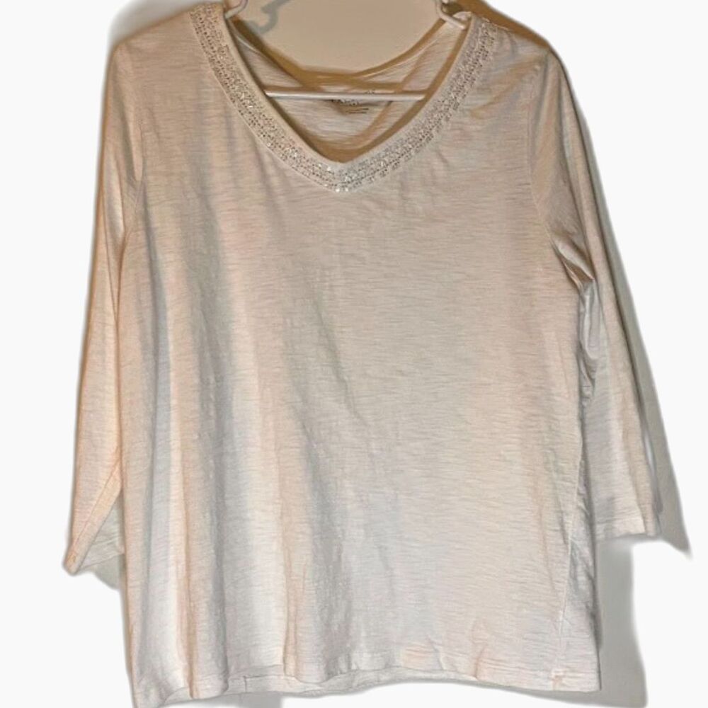 Talbots Top L  Beaded V Neck 3/4 Sleeve White 100% Cotton Fairycore Cottagecore